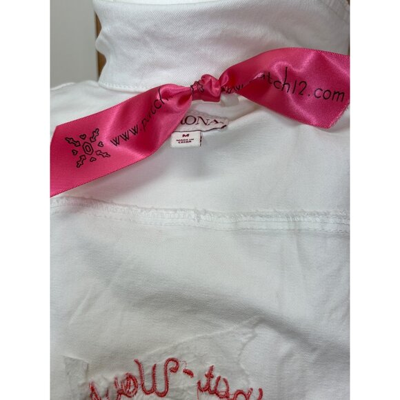 White Denim Vest "What Would Dolly Do?" Embroidery On Back Sleeveless Size M - Picture 14 of 16